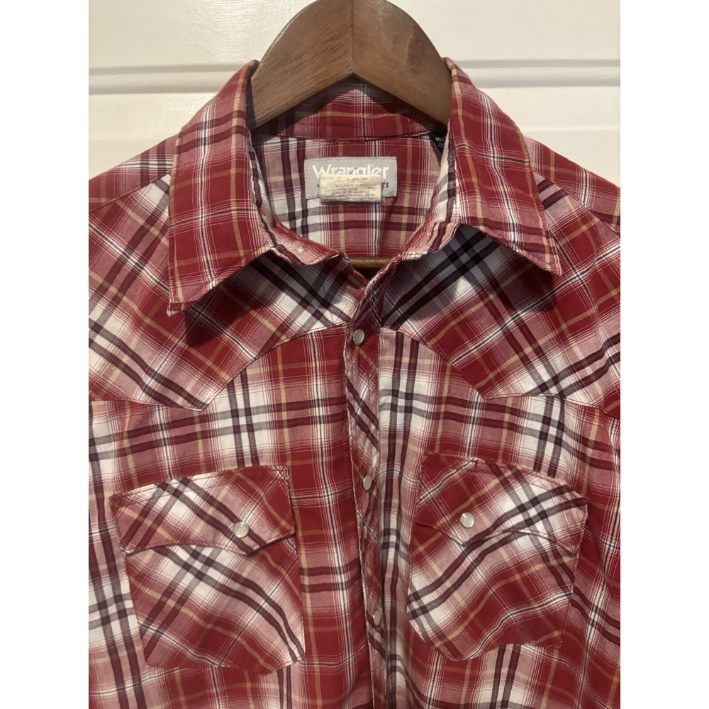 Wrangler Cowboy Red Plaid Button Up Shirt Pearl Snap Western Wear‎ Mens Medium - Picture 2 of 10